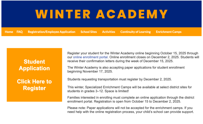 Register your student on the LAUSD website for Winter Academy hosted at Public Service Community School.
