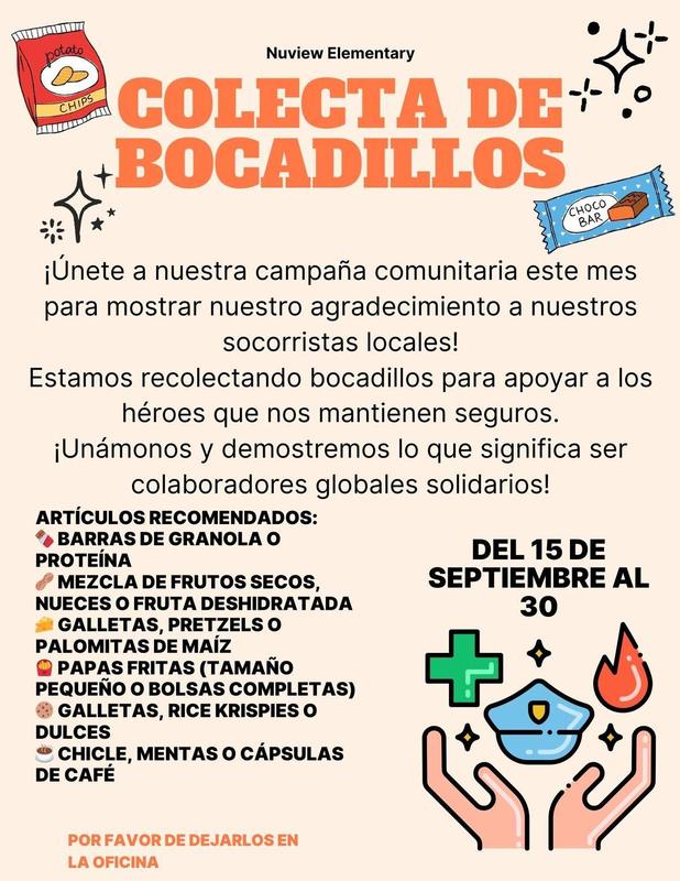 Paquete de papas fritas y una barra de chocolate; símbolos de verde más, rojo fuego y sombrero azul para personal de primera respuesta