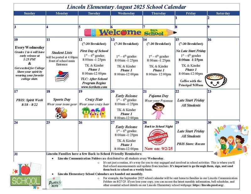 August: Lincoln Elementary Calendar Update