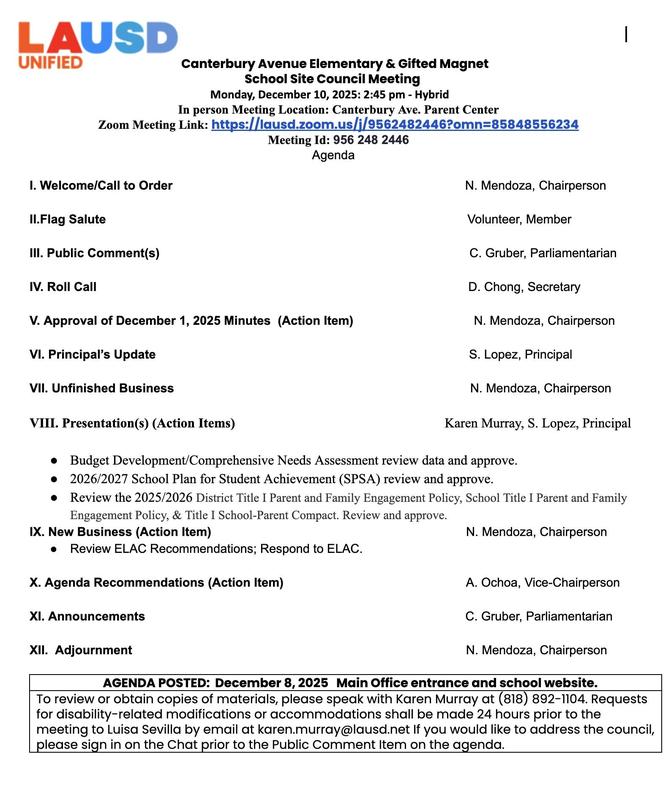 School Site Council Meeting on December 10, 2025 at 2:45 pm.