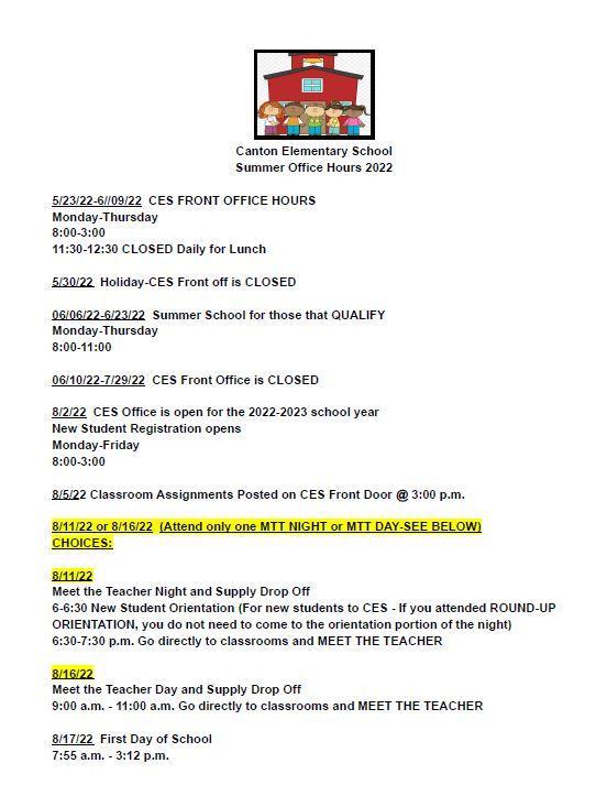 CANTON ELEMENTARY SUMMER HOURS Featured Photo