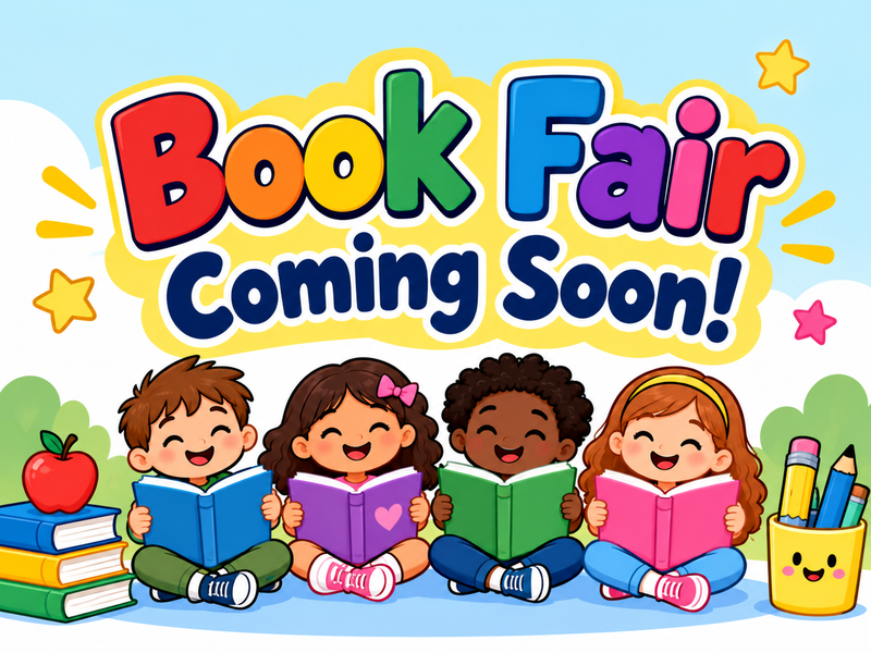 Colorful illustration of four children reading books with a playful backdrop.