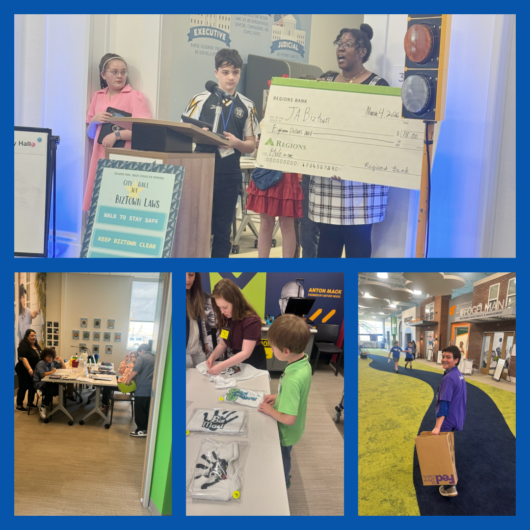 Students present at podium, receive award check, and explore hands-on learning activities.