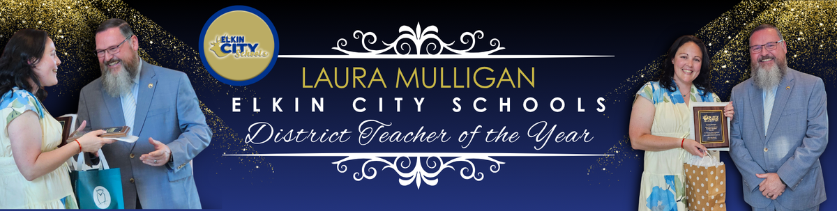 Shuffle Image: Blue background with a picture of Laura Mulligan EES Teacher of the Year