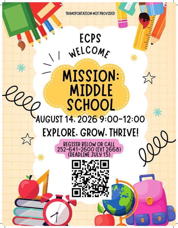 Edgecombe County Public Schools invites all rising 6th-grade students and their families to attend our Grade 6 Transition Day on Friday, August 14, 2026, from 9:00 a.m. to 12:00 p.m. at each middle school.