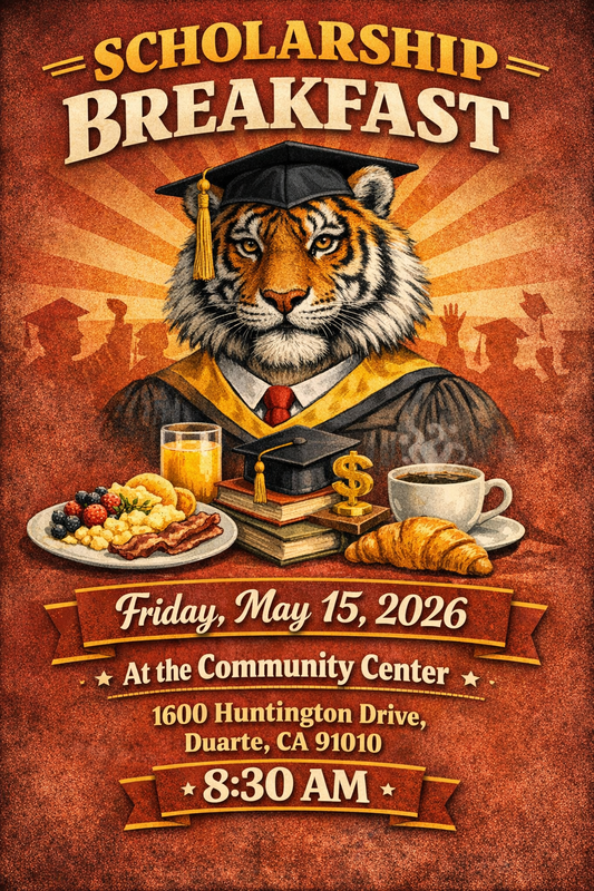 A whimsical poster featuring a tiger in a graduation cap at a breakfast event.