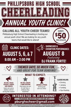 Gray background with garnet information about the cheerleading clinic