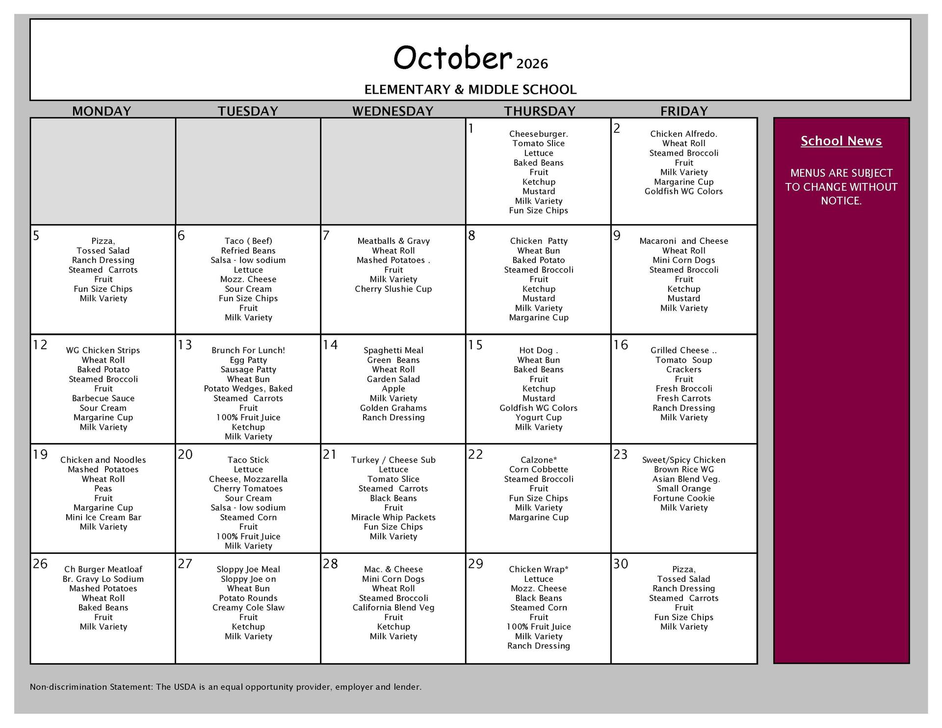 Oct Lunch Menu PK-8