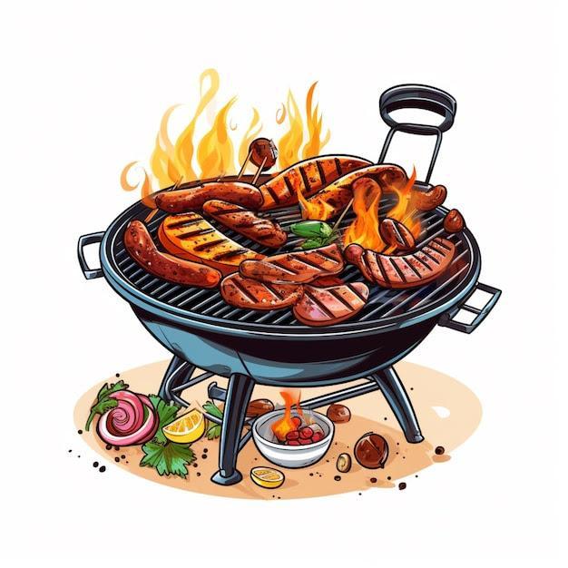 Barbeques with multiple food items cooking