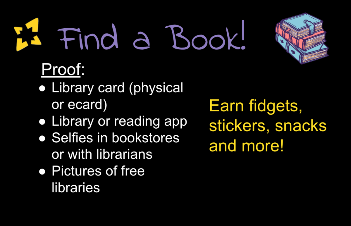 proof includes library cards or selfies in a book store