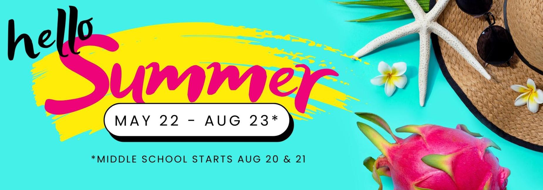 Colorful summer poster with tropical elements and text details.