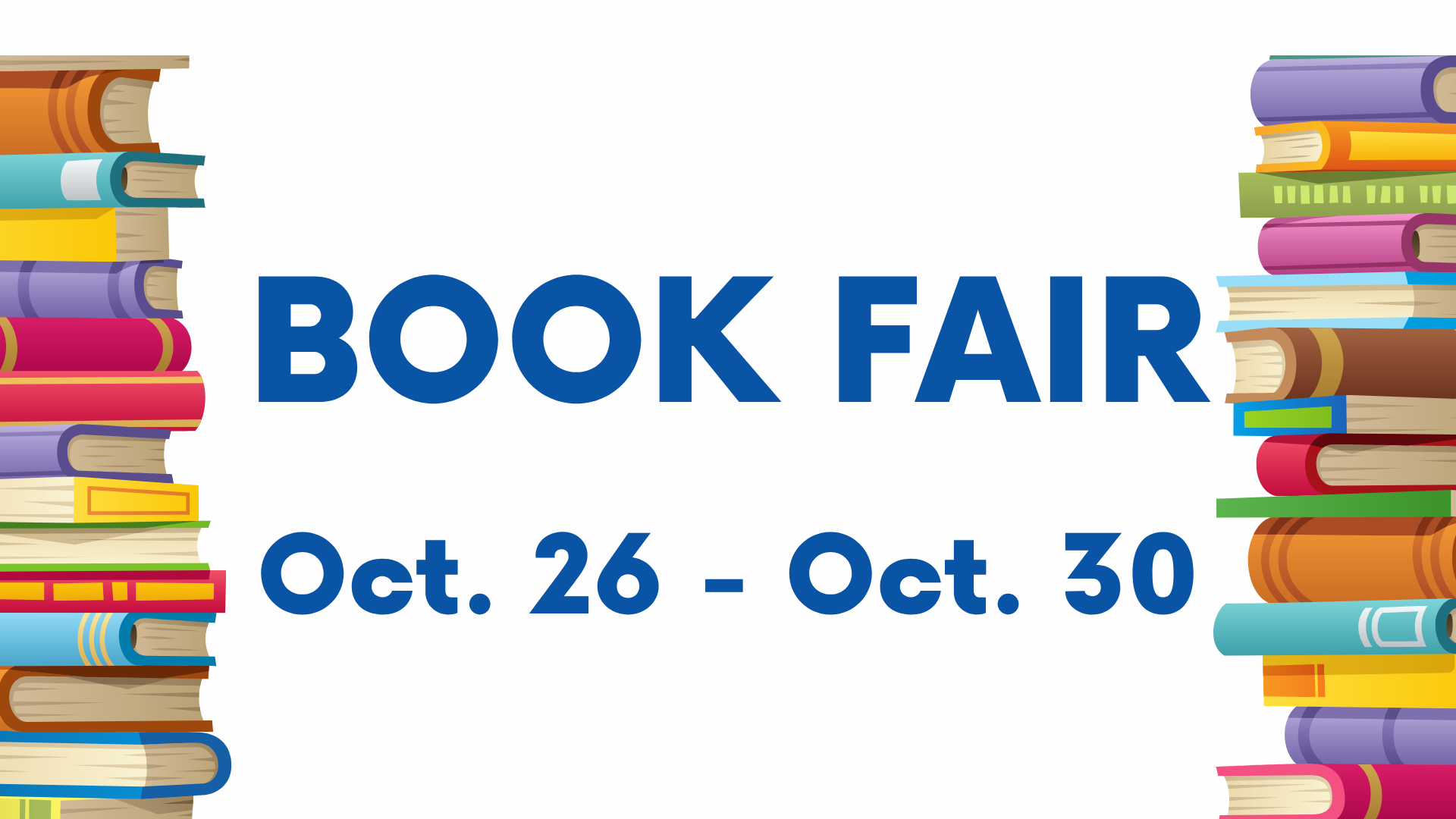 Colorful stack of books with text about a book fair event.