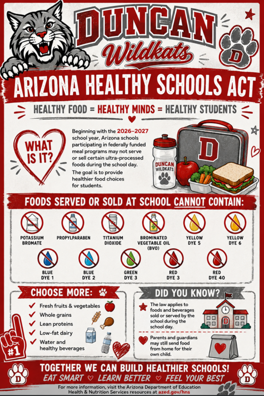 Red and Grey school mascot - Wildkat along with images of what is not allowed at school