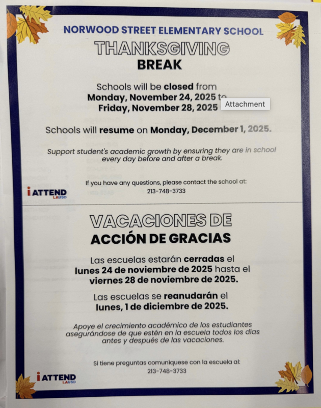 Thanksgiving Break 11/24-11/28, 2025 School resumes on Monday, December 1, 2025 Vacaciones del día de acción de gracias 11/24-11/28, 2025 Las clases resumen el lunes 1 de diciembre de 2025 Featured Photo