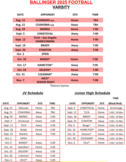 2025 Ballinger Bearcat Football Schedule