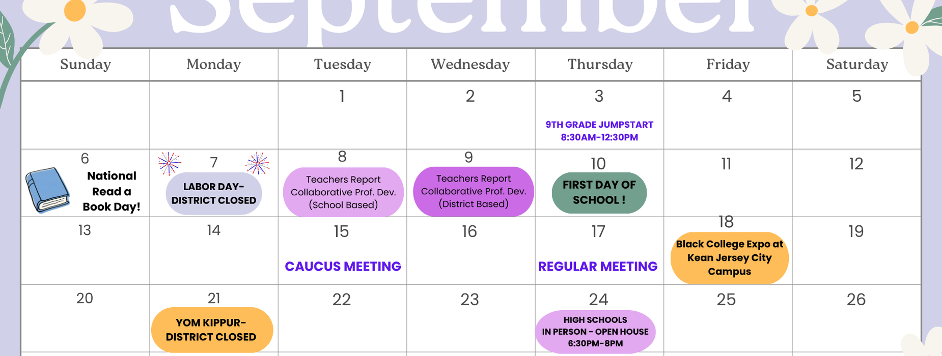 September calendar highlighting events and meetings throughout the month.