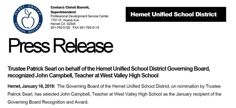 Press Release: Patrick Searl recognized John Campbell