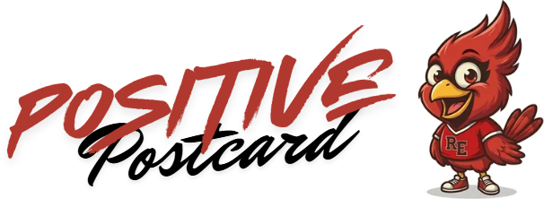 A cartoon bird mascot next to the text 'Positive Postcard'.