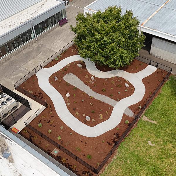 aerial view of completed garden area with fencing
