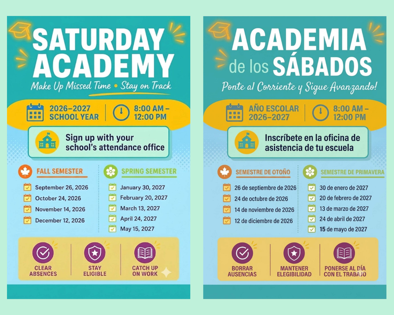 SATURDAY ACADEMY DATES FOR 26-27 SCHOOL YEAR