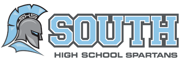 Logo of South High School Spartans with a warrior helmet design.