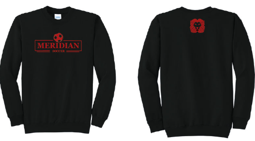 Black long sleeved shirt with red "Meridian Soccer" on front with soccer ball. Back has lion logo
