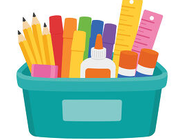 A turquoise container filled with colorful school supplies like pencils, markers, and glue.