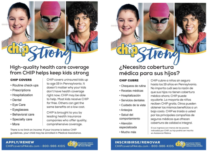 Flyers in English and Spanish advertising health insurance for PA kids with photos of children at the top.