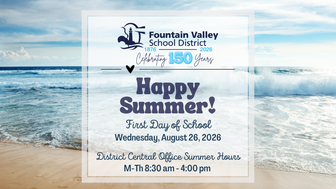 Beach scene with waves, text announcing school details and summer hours.
