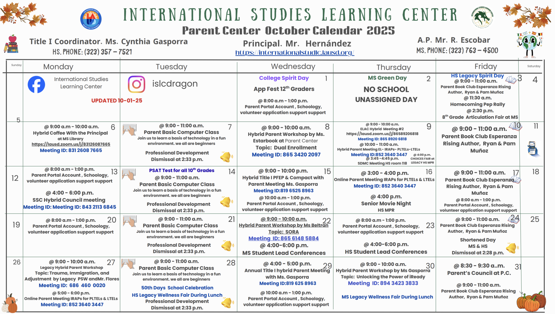 Parent Center October Calendar 2025