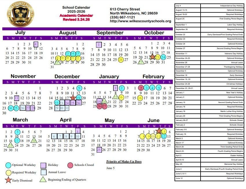 25-26 Wilkes County Schools Academic Calendar