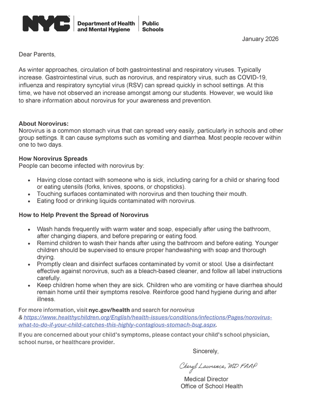 Letter to Families - Information about Norovirus for Awareness and Prevention - January 2026