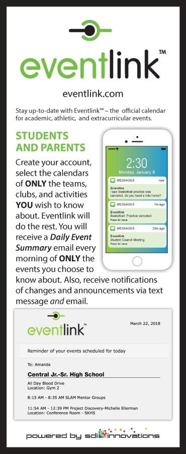 Eventlink information for students and parents detailing account usage.