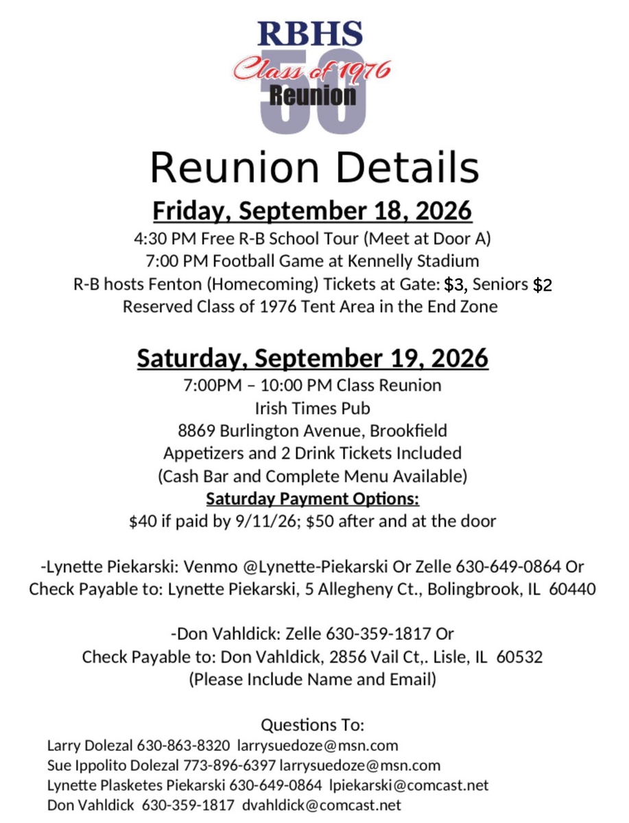 class of 1976 reunion information
