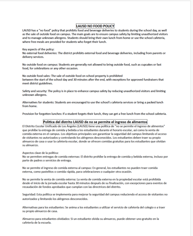 NO FOOD DISTRICT POLICY/POLÍTICA DEL DISTRITO DE NO COMIDA DE AFUERA Featured Photo