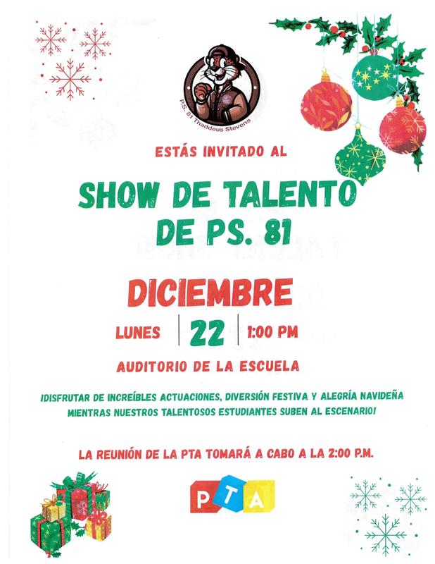 Talent Show flyer. December 22nd, 2025. Spanish