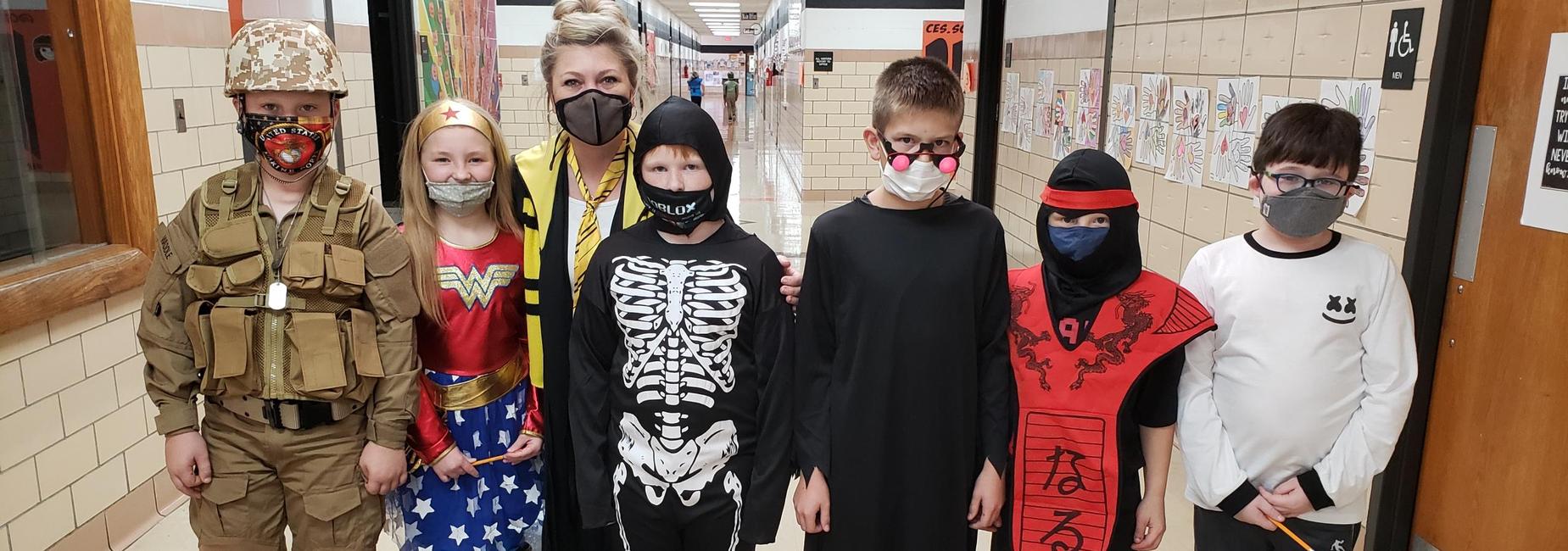 CES Students and Teachers in Halloween costumes for the PTO/Community Trick or Treat event