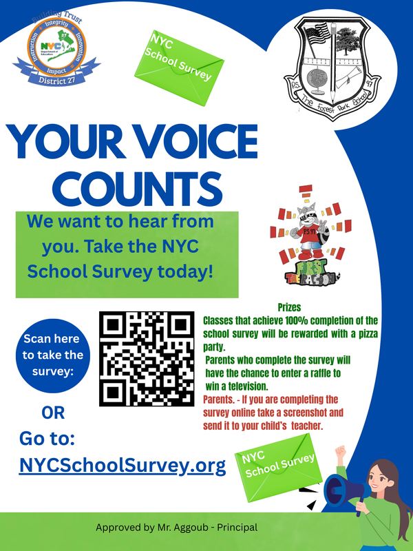 A poster encouraging participation in a school survey with a QR code and prize details.