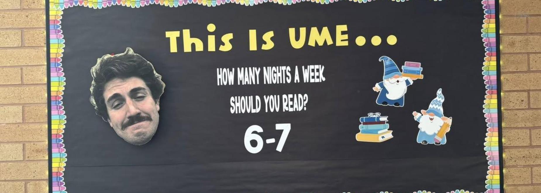 Bulletin board displaying a man's face and text about weekly reading suggestions.