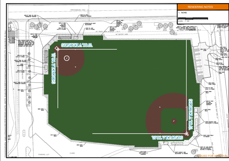 A rendered drawing of a combined baseball and softball field complex