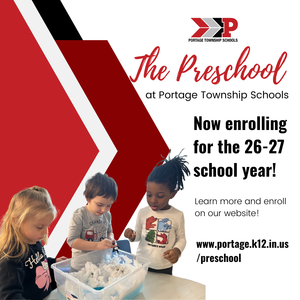 Children playing with snow-like material at a preschool enrollment advertisement.