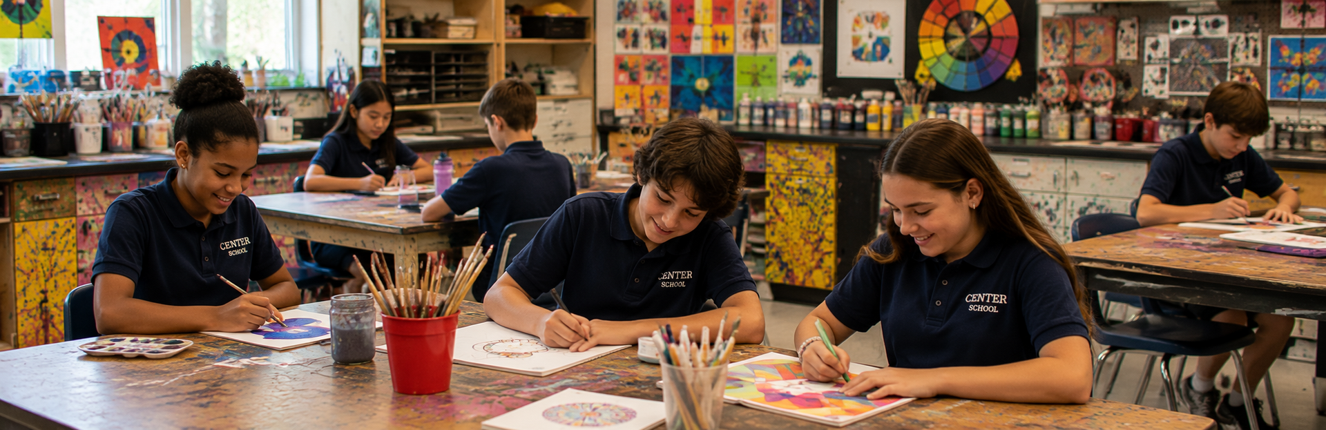 Students in art class in a really vibrant room!