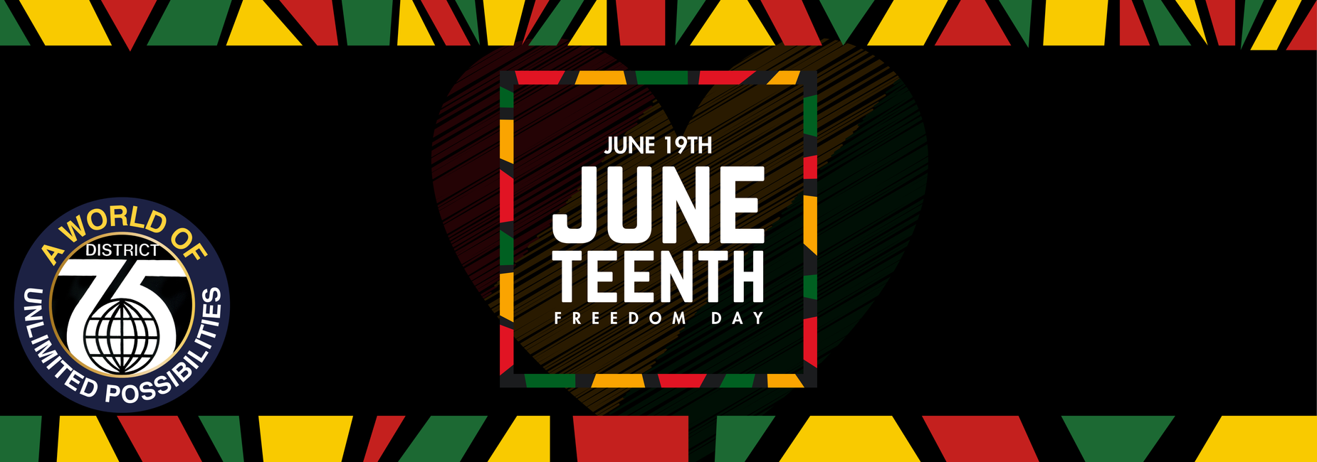 Graphic celebrating Juneteenth with colorful border and event details.