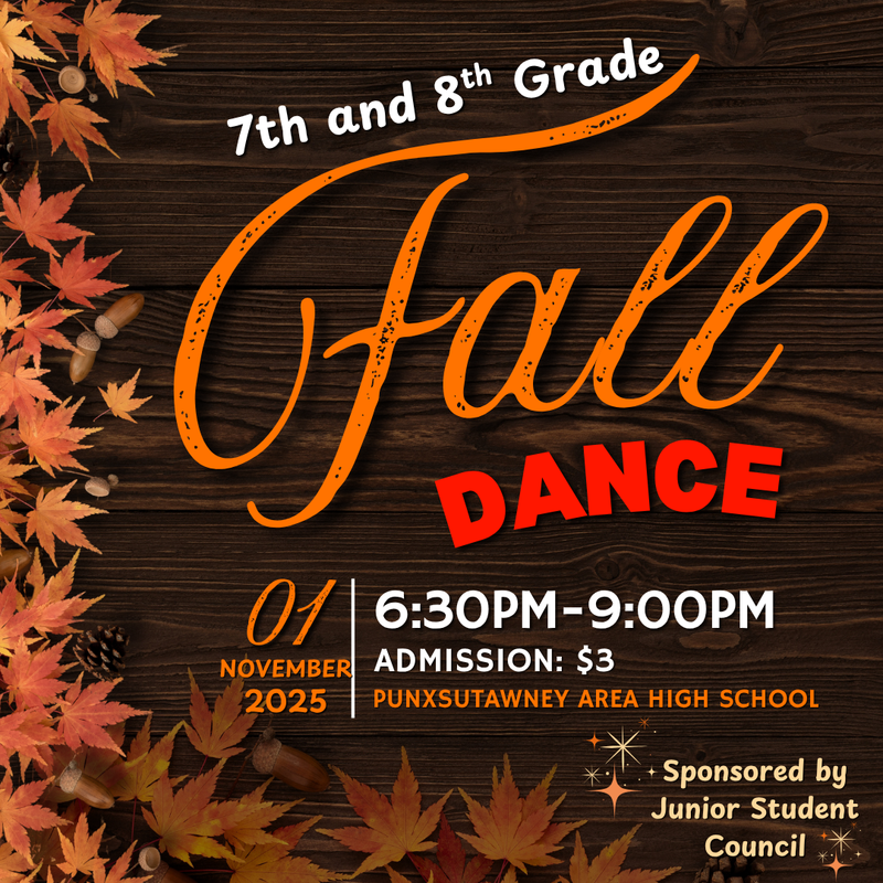 Fall dance advertisement with fall colored leaves and wooden background