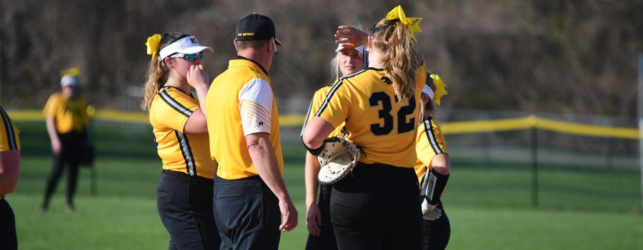 Girls varsity softball team in a huddle