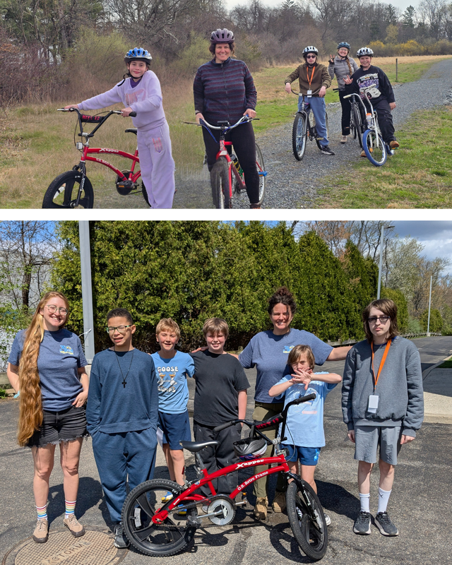 students riding and standing in front of bikes in two pictures