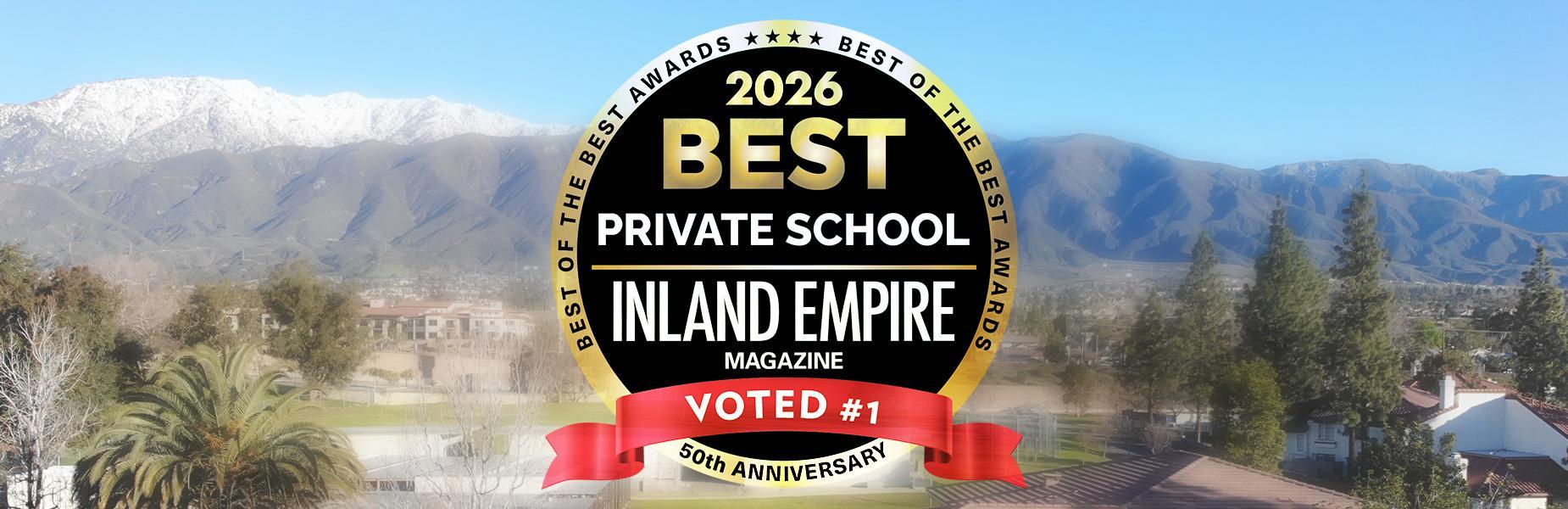 Alta Loma landscape with mountains, trees, and a badge stating '2026 Best Private School'.