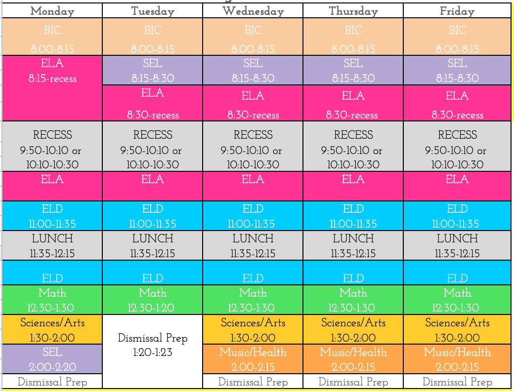 Block Schedule Kindergarten Plummer Elementary