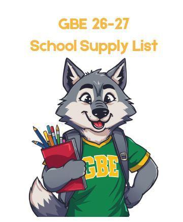 Wolf mascot holding school supplies and a notebook with a title about school supplies.