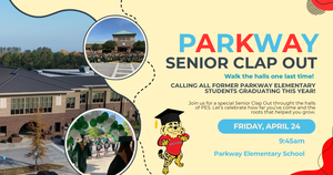 school in background with seniors walking through halls